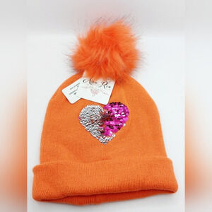 ⭐️3/$15 Orange‎ PomPom Sequin Hat One Size Fits Most NWT